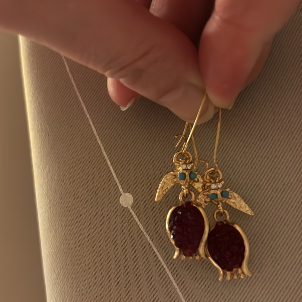 Jeweled Pomegranate Gold Dangle Unique Earrings